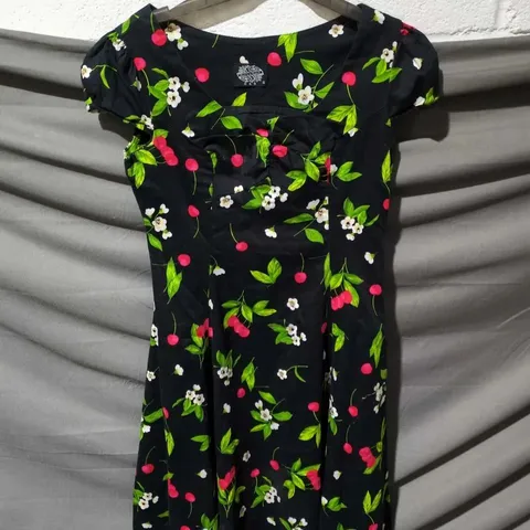 HEARTS & ROSES VINTAGE STYLE CHERRY PRINT DRESS β BLACK WITH RED CHERRIES, UK 16