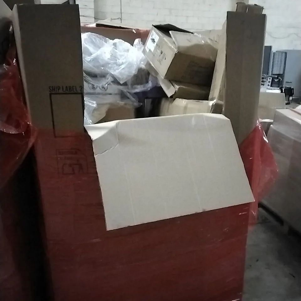 PALLET OF HOUSEHOLD ITEMS TO INCLUDE SHOWER CADDY, VACUUM STAND, RETRACTABLE SAFETY GATE, STEP STOOL AND OTHER ASSORTED ITEMS...