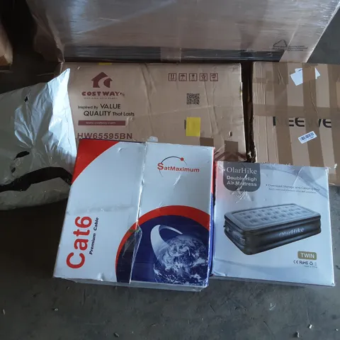 PALLET OF ASSORTED PRODUCTS INCLUDING COSTWAY, OLARHIKE DOUBLE HIGH AIR MATTRESS, SATMAXIMUM PREMIUM CABLE, NEEWER, TRIPPLE WALL PAPER CUP