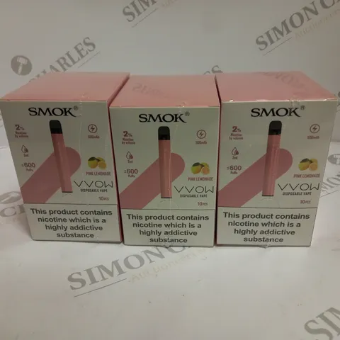 3 X BOXED & SEALED (10 DISPOSABLES PER BOX) SMOK DISPOSABLE VAPES - PINK LEMONADE