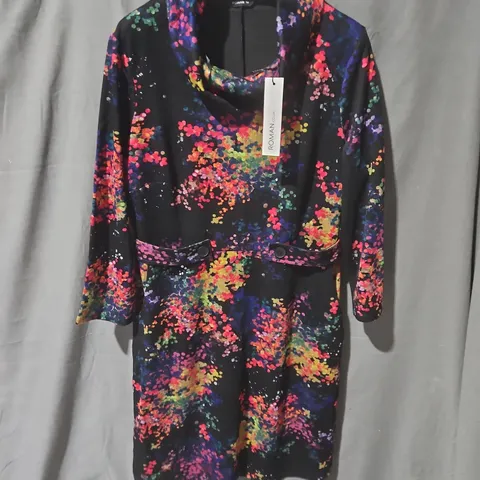 ROMAN WOMEN'S DRESS WITH COLOURFUL FLORAL PRINT ON BLACK – SIZE 14