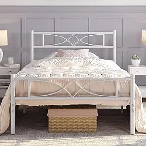 BOXED YAHEETECH BED FRAME, SLATTED METAL BED WITH CLOUD-INSPIRED DESIGN HEADBOARD - WHITE // SIZE: SINGLE (1 BOX)