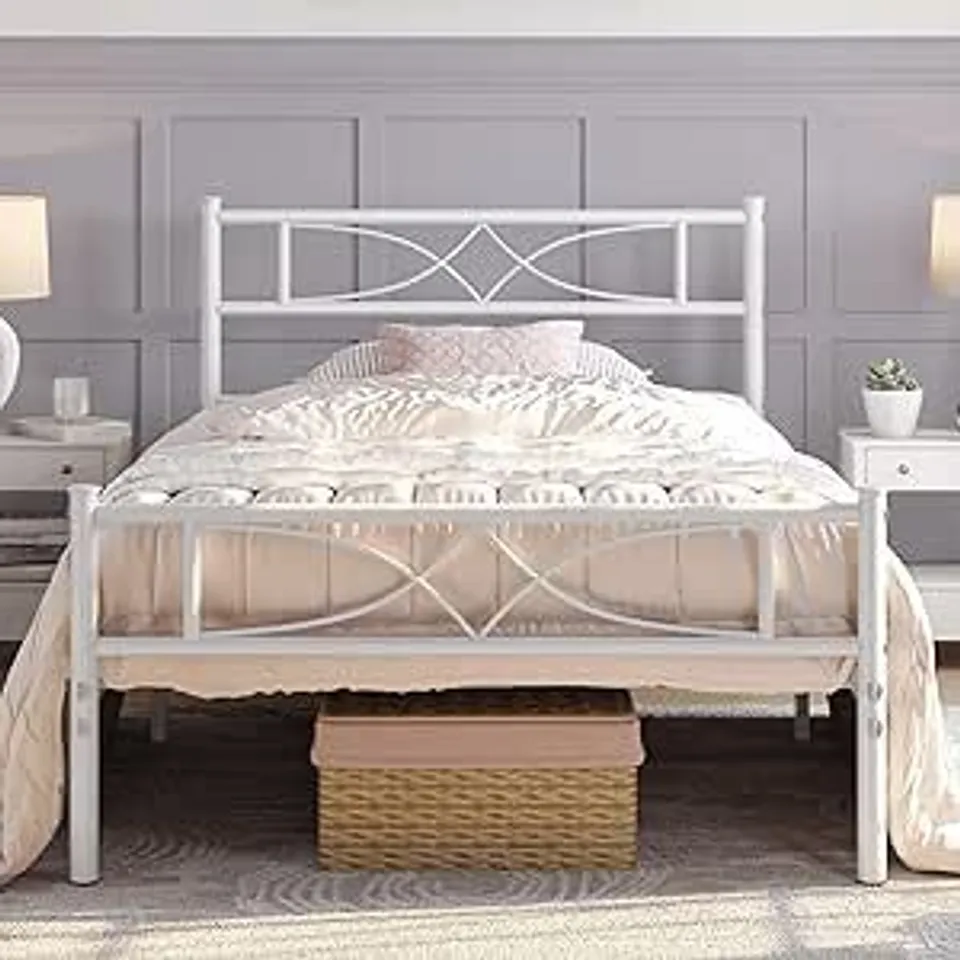 BOXED YAHEETECH BED FRAME, SLATTED METAL BED WITH CLOUD-INSPIRED DESIGN HEADBOARD - WHITE // SIZE: SINGLE (1 BOX)