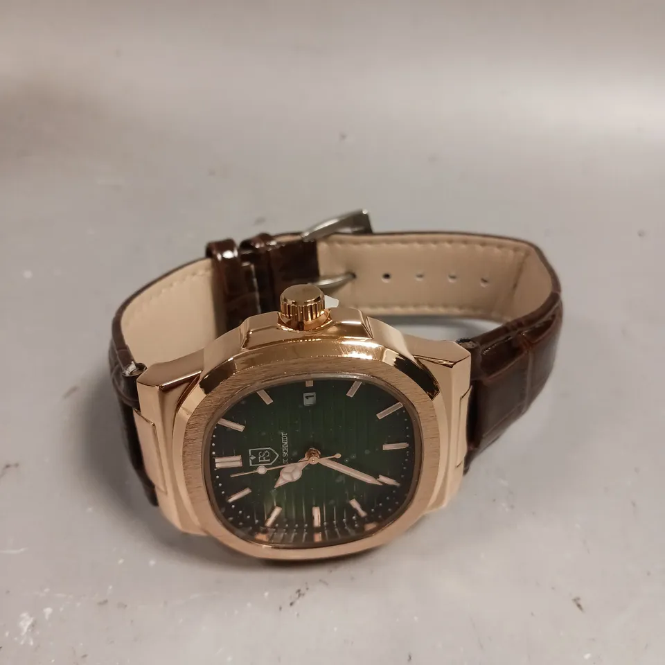 MENS FRANK SCHMIDT WATCH – TEXTURED DIAL WITH DATE – LEATHER STRAP - MODEL: FSL AMBASSADOR – 3ATM WATER RESISTANT