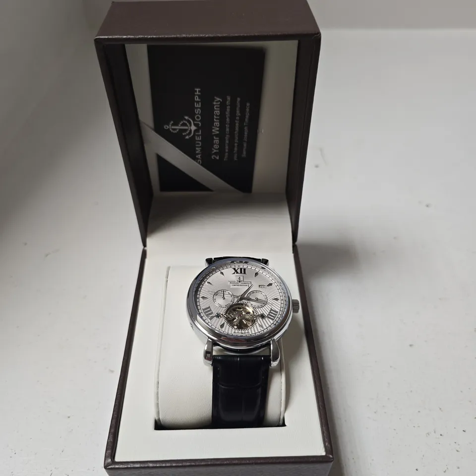 BOXED SAMUEL JOSEPH AUTOMATIC LIMITED EDITION SILVER TONE WATCH WITH WHITE DIAL