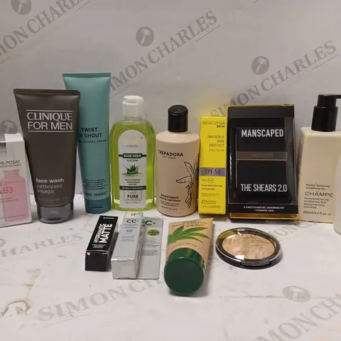 LOT OF 12 ASSORTED BEAUTY PRODUCTS TO INCLUDE CLINIQUE FOR MEN FACE WASH, REVOLUTION SUN PROTECT FACE CREAM, MANSCAPED SHEARS 2.0, ETC