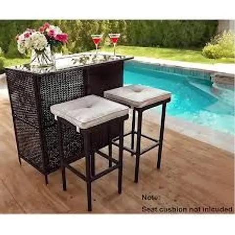 BOXED 3 PIECE GARDEN PATIO RATTAN WICKER BAR TABLE 2 STOOL CHAIRS BISTRO FURNITURE SET - NO CUSHIONS INCLUDED 