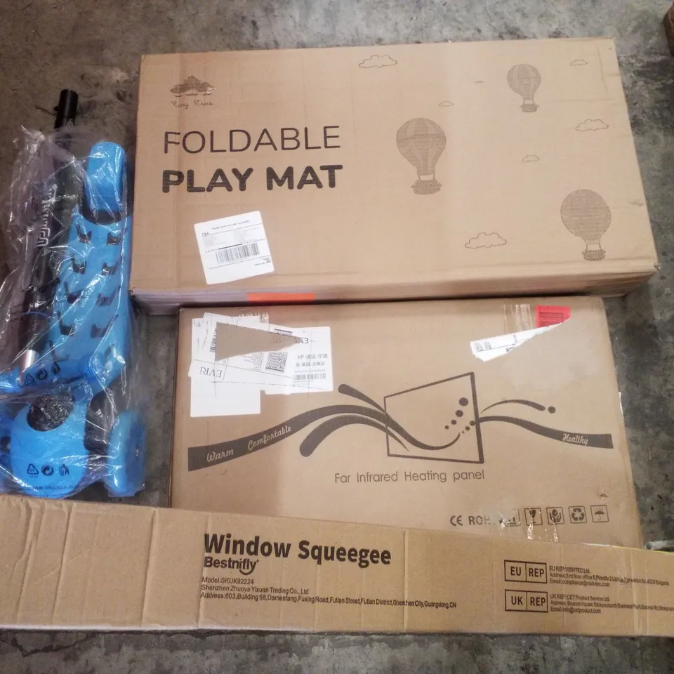 PALLET CONTAINING ASSORTED PRODUCTS INCLUDING KIDS SCOOTER, FOLDABLE PLAY MAT, INFRARED HEATING PANEL & WINDOW SQUEEGEE