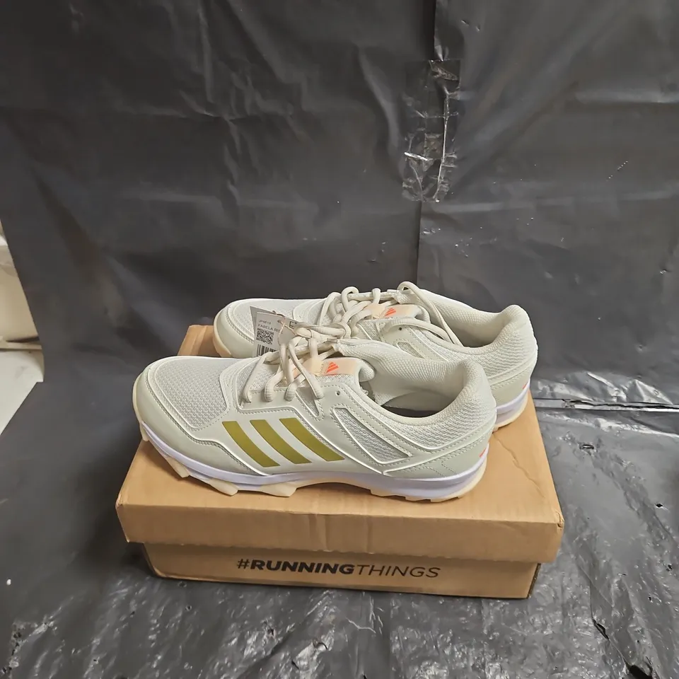 ADIDAS RUNNING SHOES – WHITE/OFF-WHITE WITH YELLOW 3-STRIPES UK SIZE 9