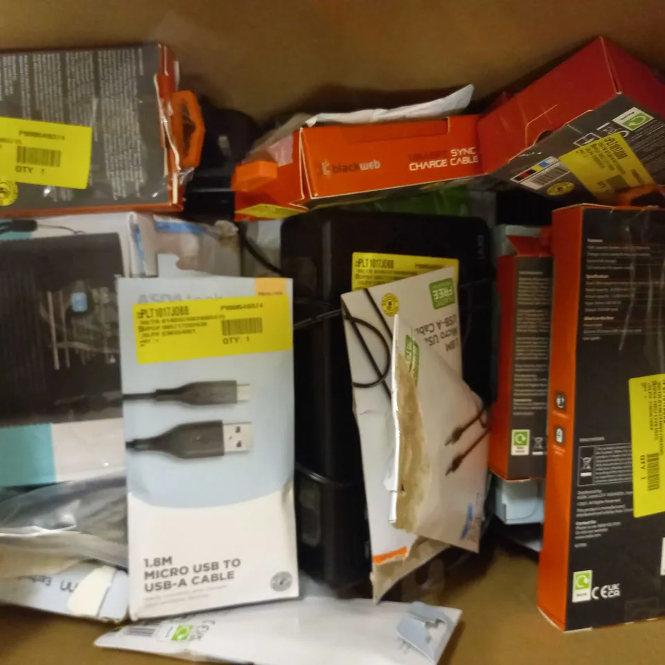 BOX OF APPROXIMATELY 20 ASSORTED ELECTRICAL ITEMS TO INCLUDE BLACKWEB SYNC & CHARGE CABLE, ASDA TECH KIDS HEADPHONES, ASDA TECH USB-C TO USB-C CABLE, ETC