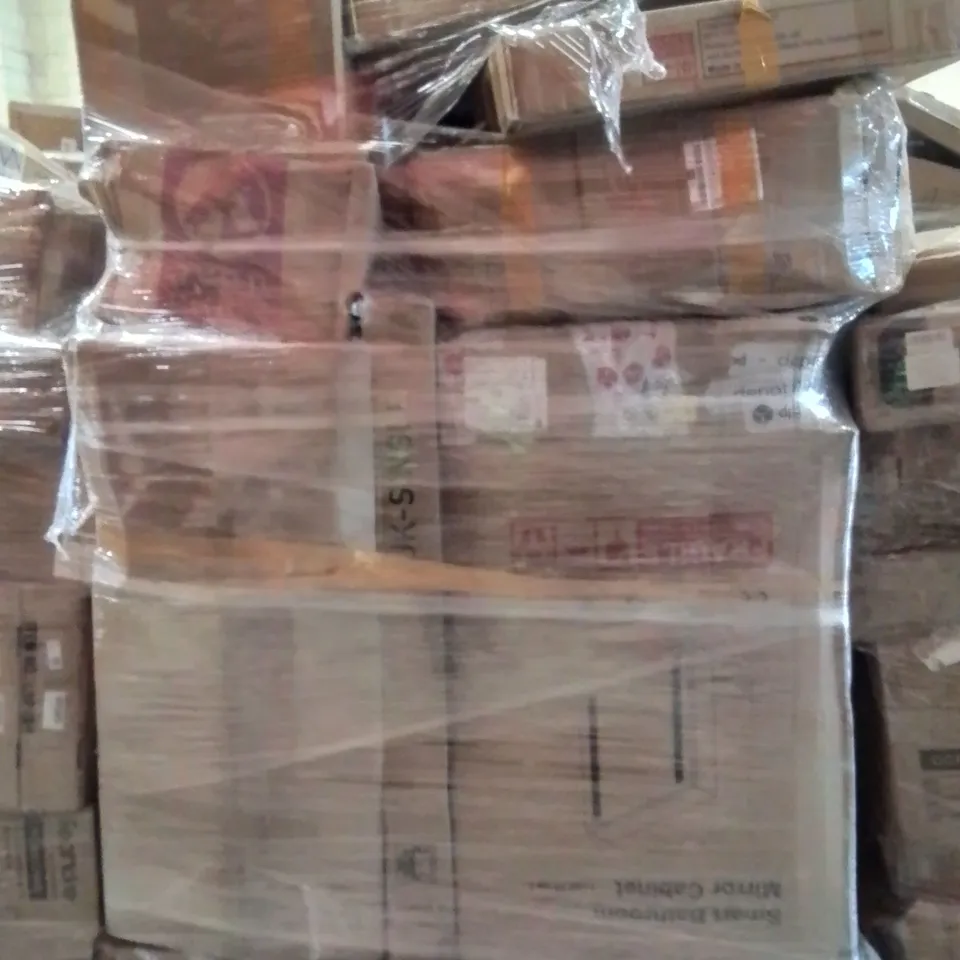 PALLET OF ASSORTED HOUSEHOLD GOODS AND PRODUCTS TO INCLUDE; MIRROR CABINET,BATHROOM CABINET,BATHROOM MIRROR 