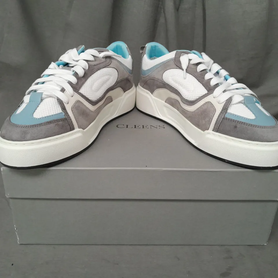 BOXED PAIR OF CLEENS ESSENTIAL SKATE SHOES IN GREY/POWDER BLUE UK SIZE 10