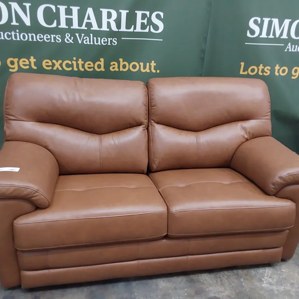 QUALITY BRITISH DESIGNER G PLAN STRATFORD TWO SEATER SOFA DALLAS TAN LEATHER 
