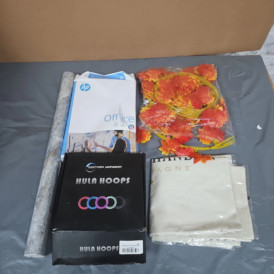 BOX OF APPROXIMATELY 12 ASSORTED HOUSEHOLD ITEMS TO INCLUDE - BIN BAGS - PRINTER PAPER - SMART HULA HOOP - ETC