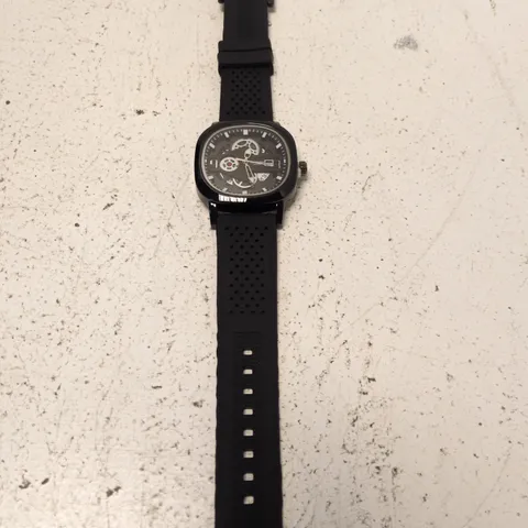 LEE COOPER LONDON WATCH – BLACK SKELETON DIAL, PERFORATED RUBBER STRAP