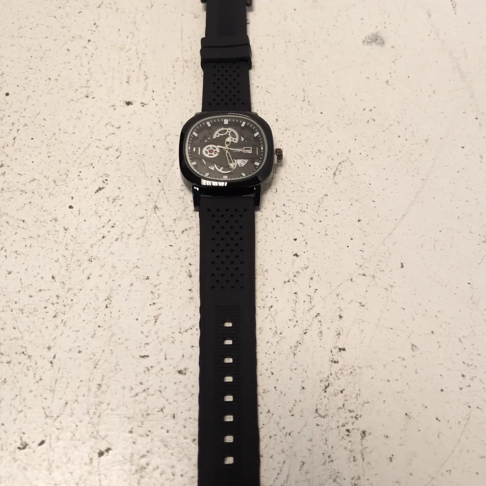 LEE COOPER LONDON WATCH – BLACK SKELETON DIAL, PERFORATED RUBBER STRAP