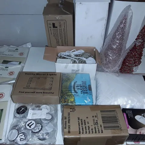 LOT OF ASSORTED HOUSEHOLD ITEMS TO INCLUDE PLANT WARMING JACKETS, VANITY MIRROR LIGHTS AND LIGHT UP TREE DECORATIONS