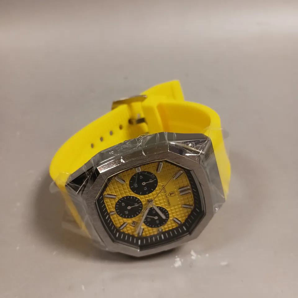 MENS LOUIS LACOMBE CHRONGRAPH WATCH – 3 SUB DIALS – SILVER COLOUR CASE – YELLOW RUBBER STRAP