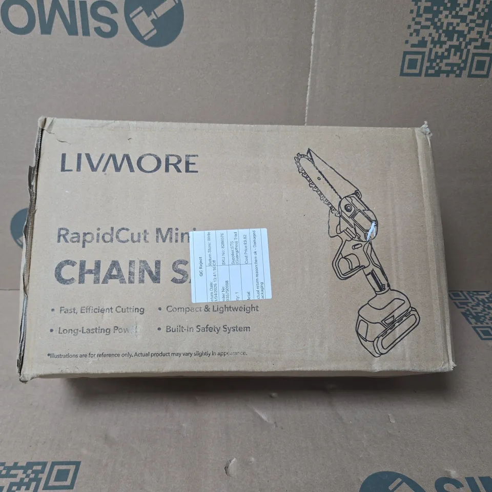 LIVMORE RAPIDCUT MINI CHAIN SAW IN BLACK CASE. BOXED