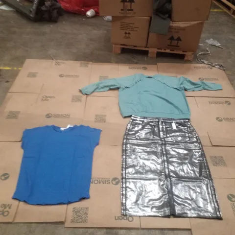 PALLET OF APPROXIMATELY 150 BRAND NEW WOMENS QUALITY DESIGNER CLOTHES. INCLUDES; JD WILLIAMS GREEN TOP. JD WILLIAM'S METALLIC SKIRT, JD WILLIAMS BLUE TOP