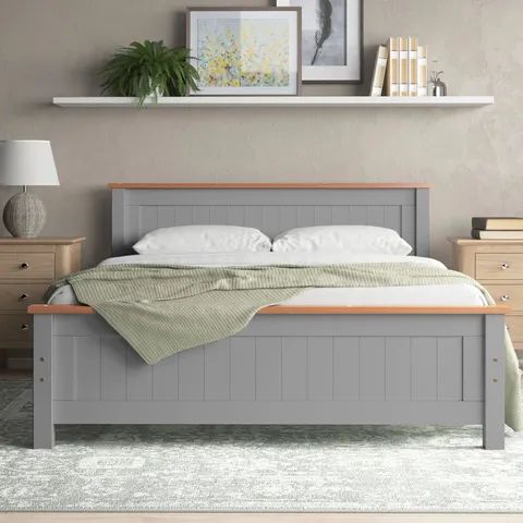 BOXED AUBREY SOLID WOOD LOW PROFILE GREY BED FRAME WITH MATTRESS - KING SIZE (3 BOXES)