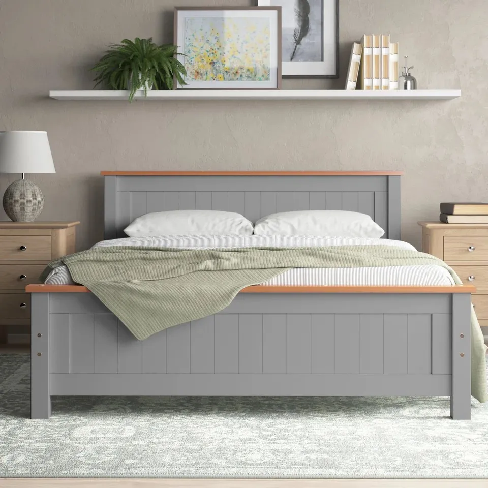 BOXED AUBREY SOLID WOOD LOW PROFILE GREY BED FRAME WITH MATTRESS - KING SIZE (3 BOXES)