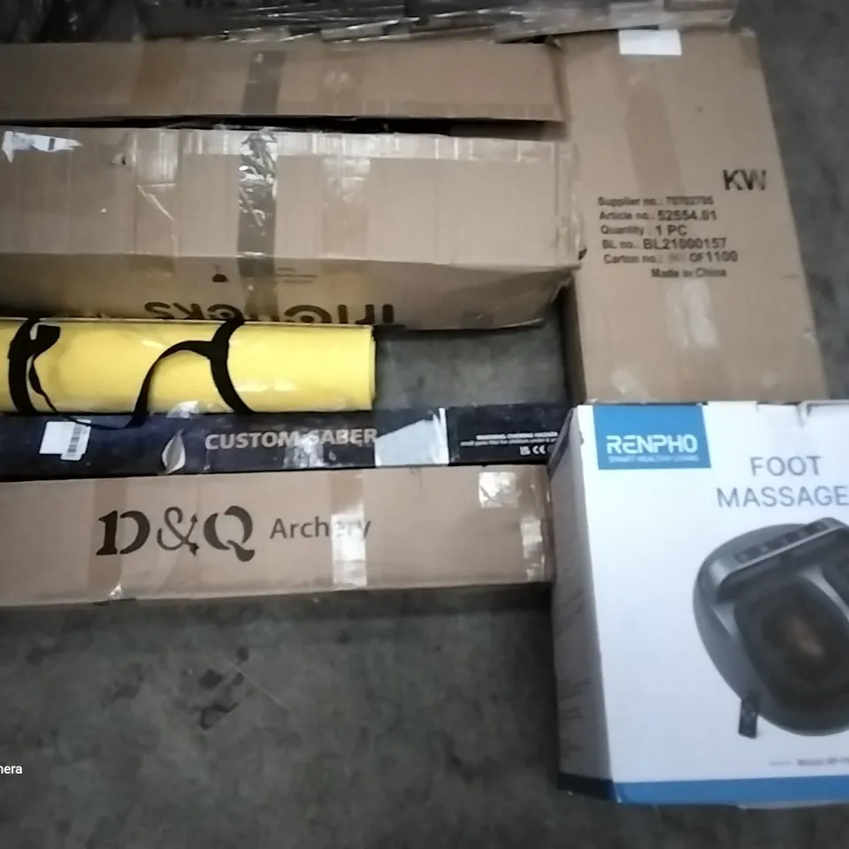 PALLET OF ASSORTED ITEMS INCLUDING REUPHO FOOT MASSAGER, D&Q ARCHERY, CUSTOM SABER, ELECWISH, M-DESIGN 4-TIER GLASS SHELF, AIR MULTIPLIER TOWER FAN