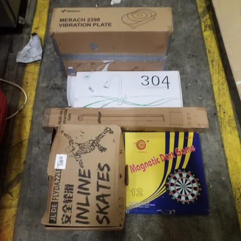 PALLET CONTAINING ASSORTED PRODUCTS INCLUDING VIBRATION PLATE, STAINLESS STEEL FAUCET, MULTI-USE RETRACTABLE GATE, INLINE SKATES & MAGNETIC DART GAME
