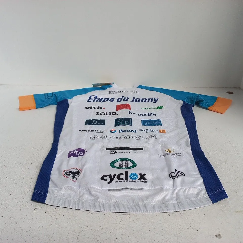 DRI-TECH SPORTS APPAREL CYCLING JERSEY – MEN'S – UK L – WHITE WITH BLUE PANELS AND SPONSOR LOGOS