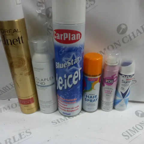 BOX OF APPROX 15 ASSORTED AEROSOLS TO INCLUDE CAR PLAN DE-ICER, COLOUR HAIR SPRAY, OLAPLEX DRY SHAMPOO ETC - COLLECTION ONLY