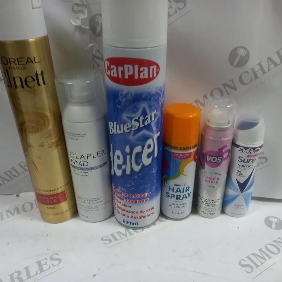 BOX OF APPROX 15 ASSORTED AEROSOLS TO INCLUDE CAR PLAN DE-ICER, COLOUR HAIR SPRAY, OLAPLEX DRY SHAMPOO ETC - COLLECTION ONLY 