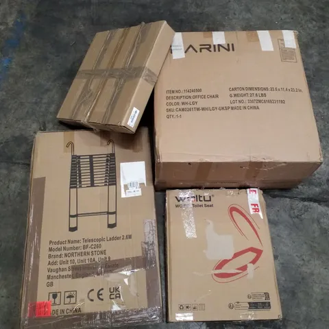 PALLET OF ASSORTED PRODUCTS INCLUDING TOILET SEAT, OFFICE CHAIR, 2.6M TELESCOPIC LADDER, LED CEILING LIGHT