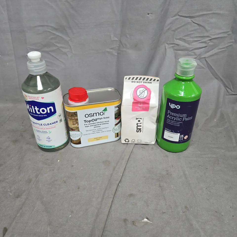 APPROXIMATELY 15 ASSORTED HOUSEHOLD ITEMS TO INCLUDE ACRYLIC PAINT, SMOL, OSMO TOP OIL, BABY BOTTLE CLEANER ETC