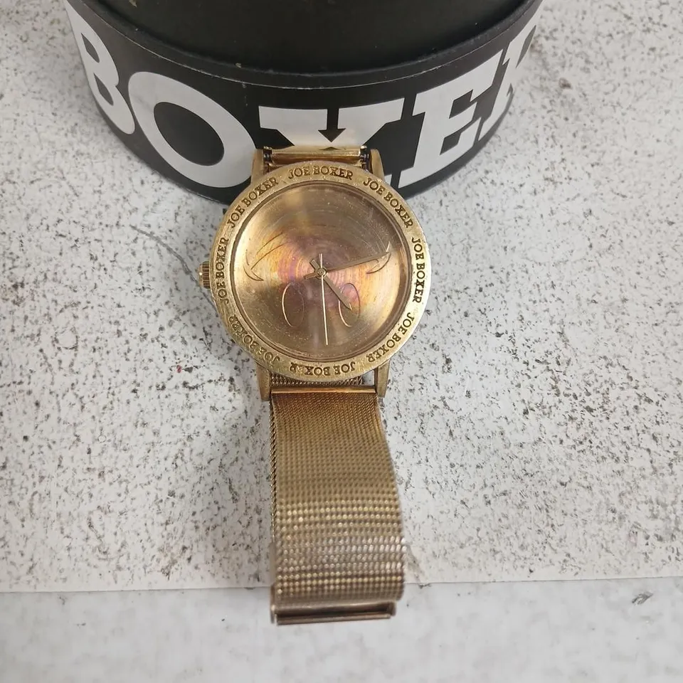 JOE BOXER GOLD TONE MESH BRACELET WATCH – ROUND CASE WITH LOGO BEZEL 