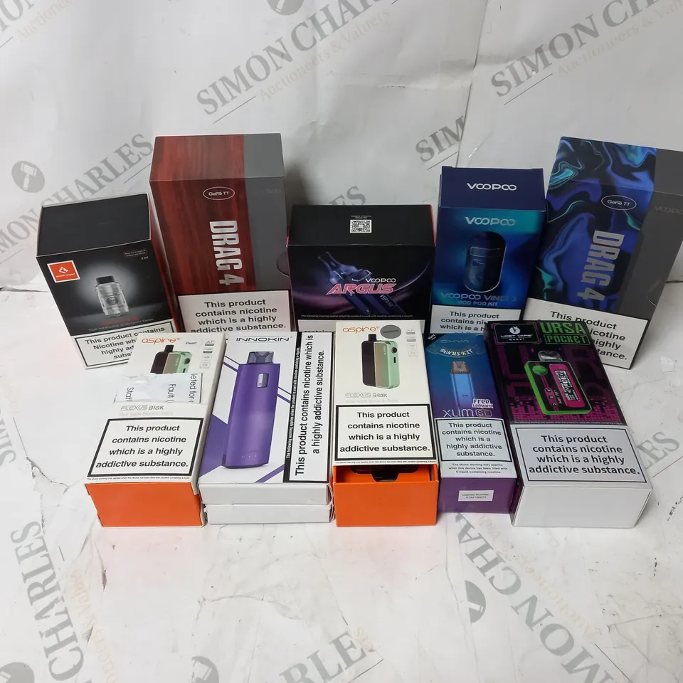 BOX OF APPROXIMATELY 10 ASSORTED E-CIG PRODUCTS TO INCLUDE VOOPOO, ASPIRE, GEEKVAPE 