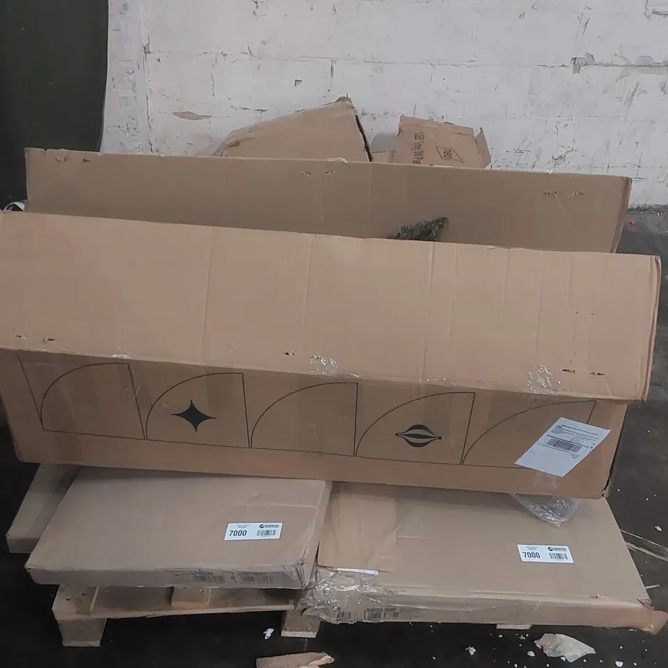 PALLET CONTAINING ASSORTED DESIGNER FURNITURE PARTS, ARTIFICIAL CHRISTMAS TREE, LED PARASOL ECT