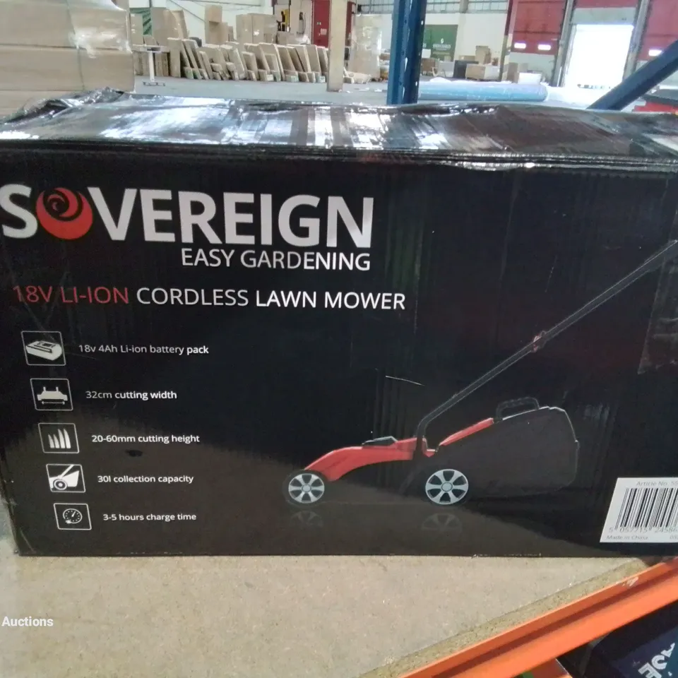 BOXED SOVEREIGN EASY GARDENING 18V LI-ION CORDLESS LAWN MOWER 32CM CUTTING WIDTH 3-5 HRS CHARGE TIME