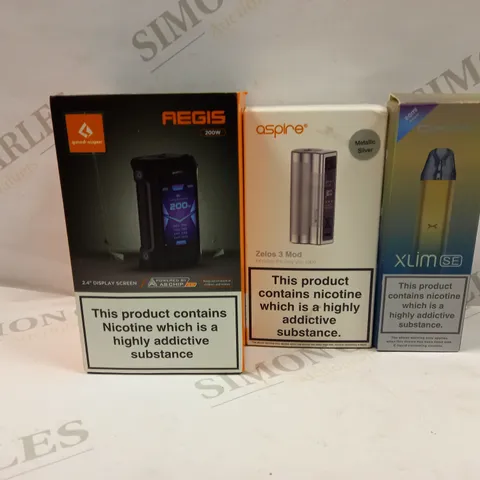 BOX OF APPROXMATELY 30 E-CIGARETTES AND LIQUIDS TO INCLUDE OXVA XLIM SE, ASPIRE ZELOS 3 MOD, GEEKVAPE AEGIS 200W, ETC