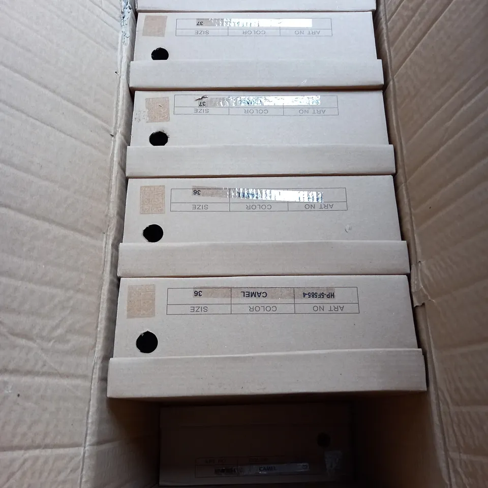 BOX OF APPROX 12 PAIRS OF OPEN TOE HEELS IN CAMEL - VARIOUS SIZES