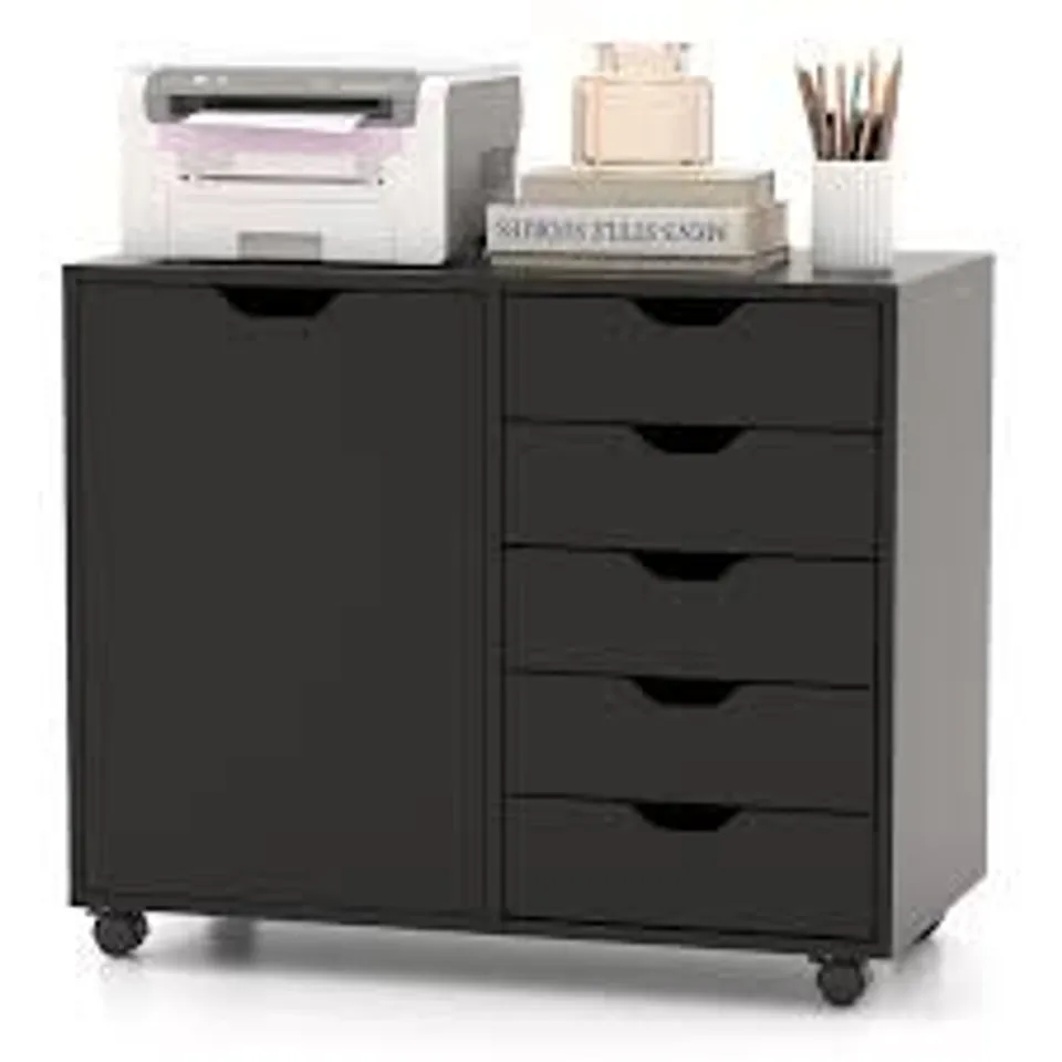 BOXED 5-DRAWER FILE CABINET MOBILE STORAGE CABINET W/DOOR & SHELF WOODEN SIDE TABLE HOME OFFICE BLACK