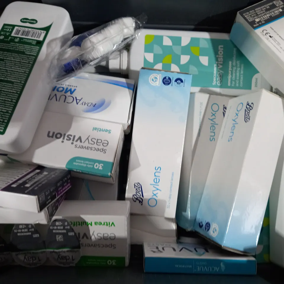 BOX OF APPROX 15 ASSORTED VISION CARE ITEMS TO INCLUDE -  SPECSAVERS EASY VISION OPTEYES TORIC - BOOTS OXYLENS - CONTACT CLEANING LENSES ECT