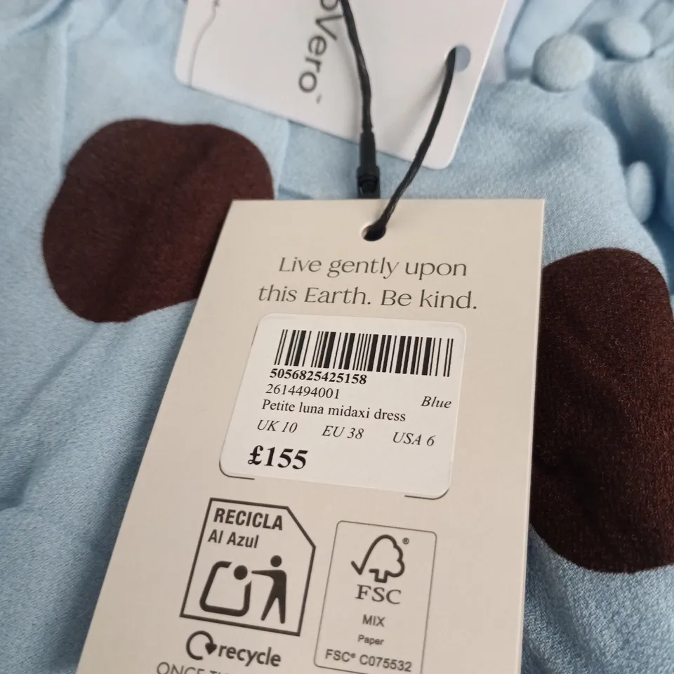 NOBODY'S CHILD PETITE LUNA MIDAXI DRESS – BLUE WITH BROWN POLKA DOTS, UK 10