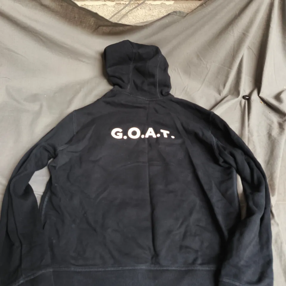 HUGO BOSS HOODIE – BLACK WITH G.O.A.T. PRINT - SIZE M