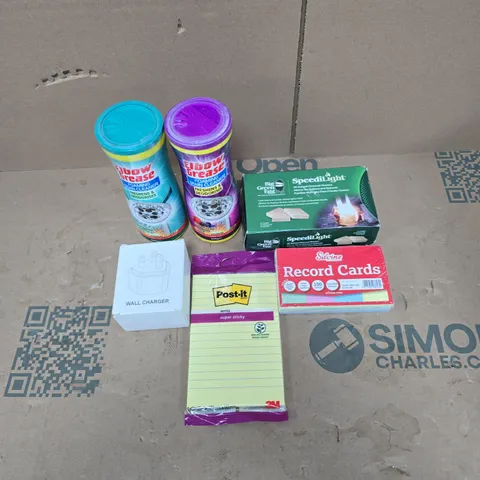 TOTE OF APPROXIMATELY 20 ASSORTED HOUSEHOLD ITEMS TO INCLUDE ELBOW GREASE DRAIN CLEANERS, RECORD CARDS, POST IT NOTES, WALL CHARGER, CHARCOAL STARTERS ETC