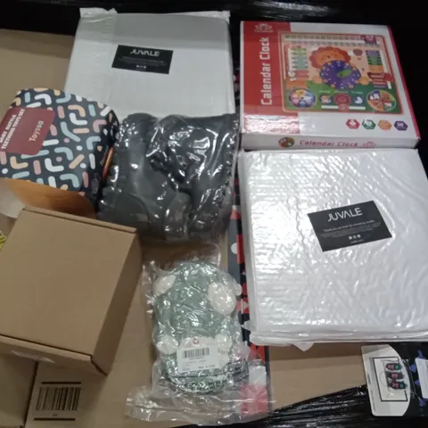 PALLET OF ASSORTED ITEMS INCLUDING WEBCAM COVERS JUVALE 4PK CORK TILE BOARDS, TACOBEAR CALENDAR CLOCK, KIDS BOOTS SIZE 6, BABY RATTLE TEETHING TOYS SET