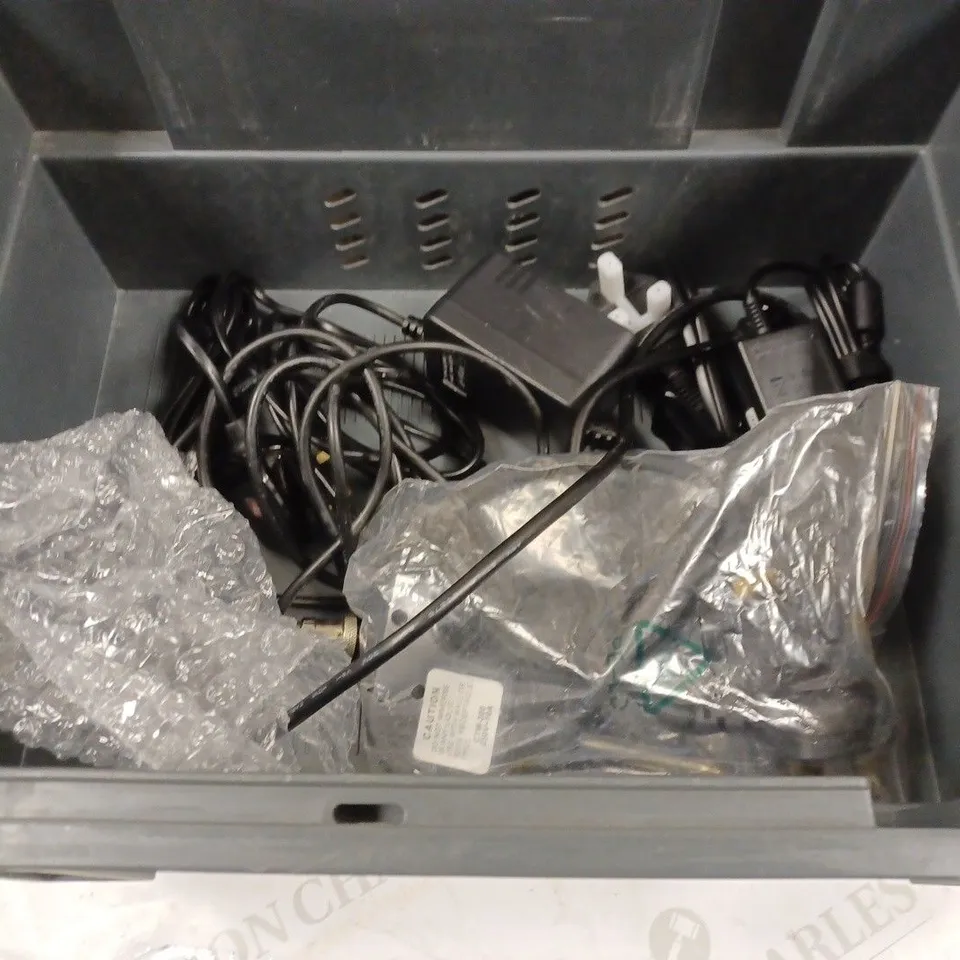 BOX TO CONTAIN APPROX. 12 X ASSORTED TECH PRODUCTS. INCLUDES CABLES, REMOTES, DVD PLAYER ETC