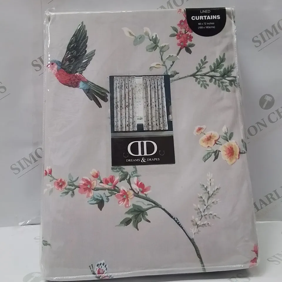 BRAND NEW DREAMS & DRAPES LINED CURTAINS IN GREY/BIRD PATTERN 66" X 72"