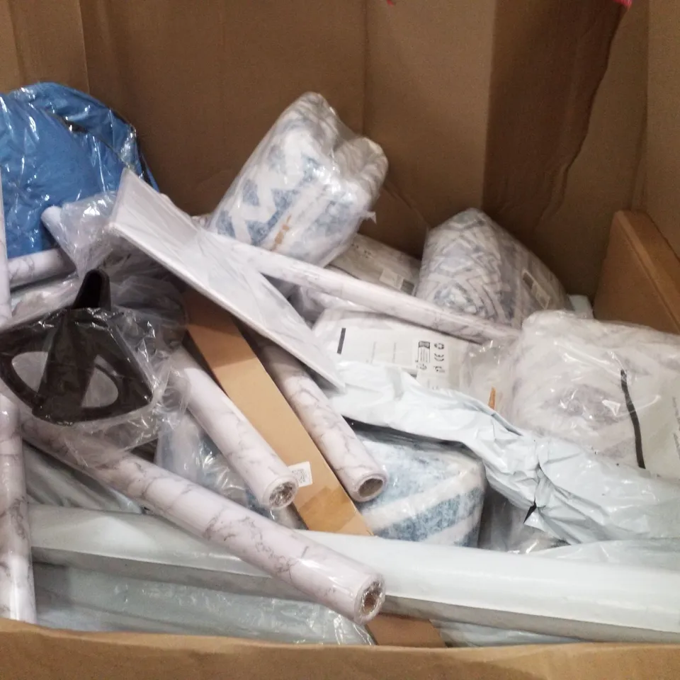 PALLET CONTAINING ASSORTED PRODUCTS INCLUDING AB WHEEL, MARBLE EFFECT WALLPAPER, VINYL FLOORING PLANKS, GIFT BOXES