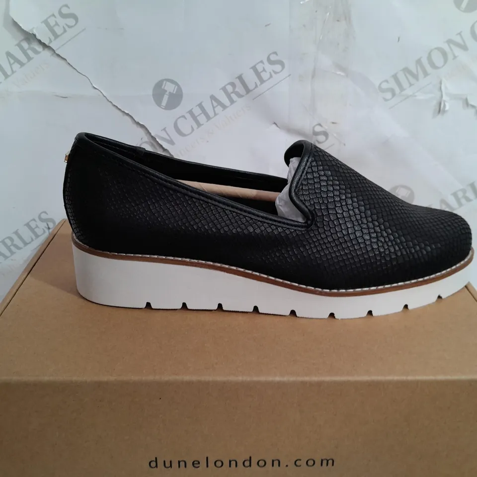 BOXED DUNE PLATFORM SLIP ONS IN BLACK - SIZE 6