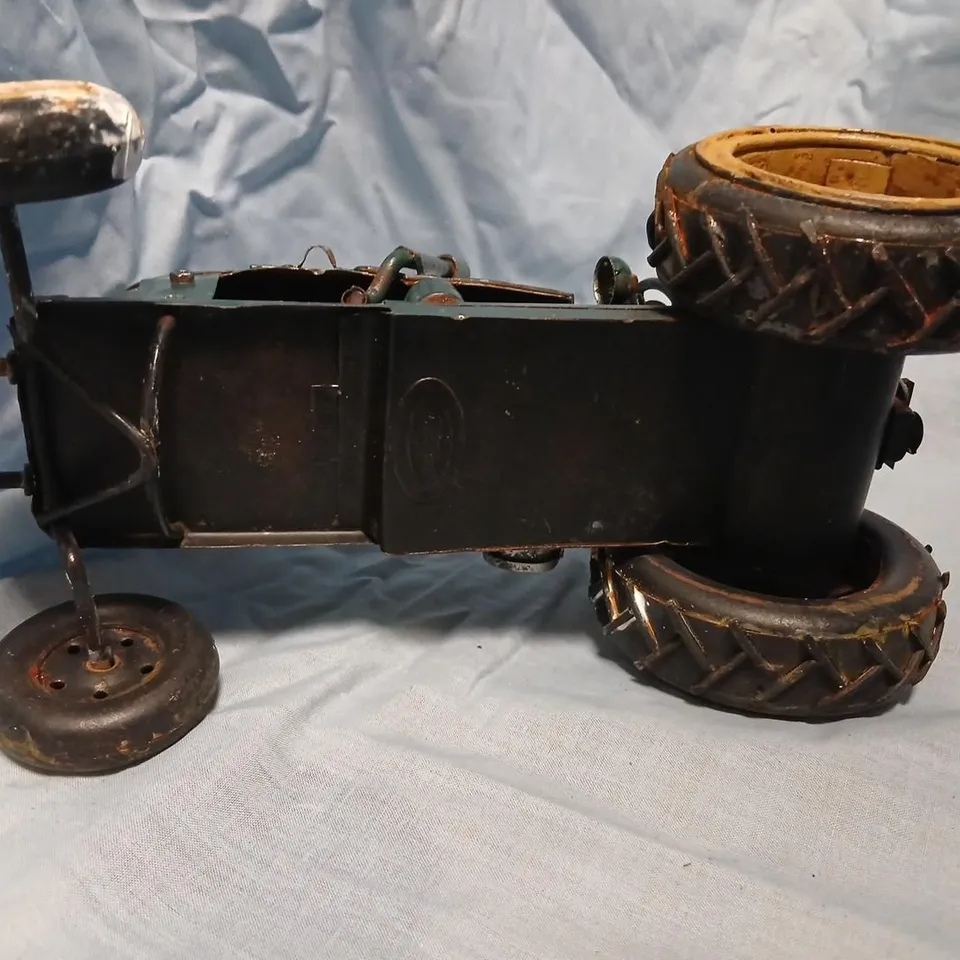VINTAGE DIE-CAST METAL TOY VEHICLE TRIO: GREEN TRACTOR, ORANGE HOT ROD PICKUP & TEAL CONVERTIBLE